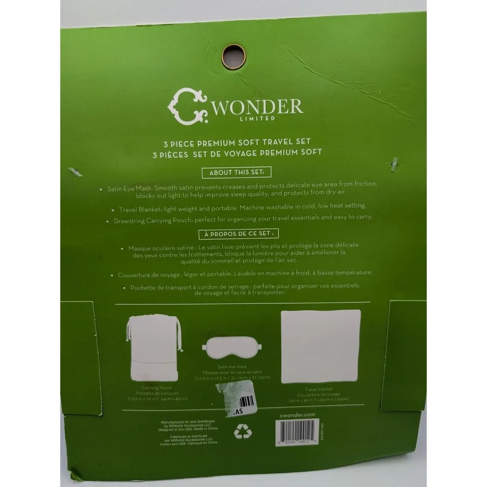 WONDER LIMITED Limited 3 Piece Travel Set Bag Blanket Satin Eye Mask, New‎